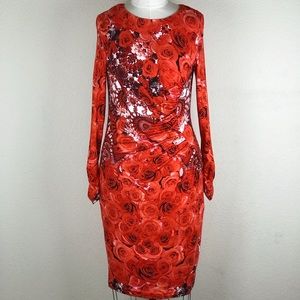 BASLER Red Floral Print Sheath Long Sleeves Dress